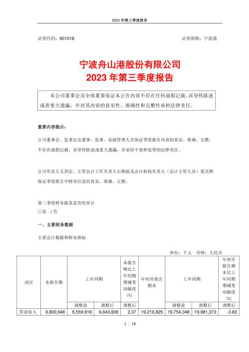 宁波港：宁波舟山港股份有限公司2023年第三季度报告.PDF