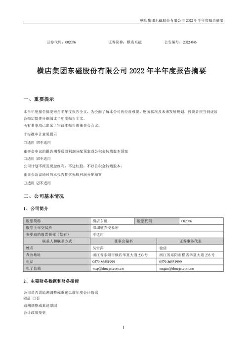 横店东磁：2022年半年度报告摘要.PDF