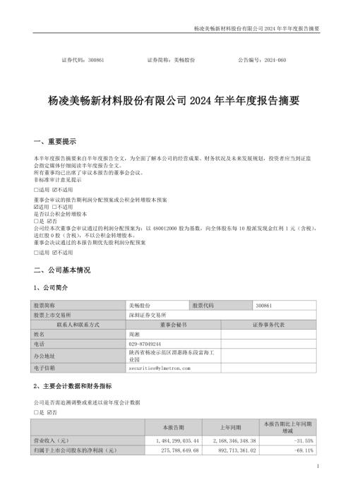 美畅股份：2024年半年度报告摘要.PDF