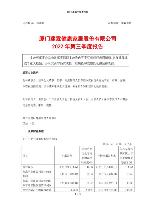 建霖家居：厦门建霖健康家居股份有限公司2022年第三季度报告.PDF