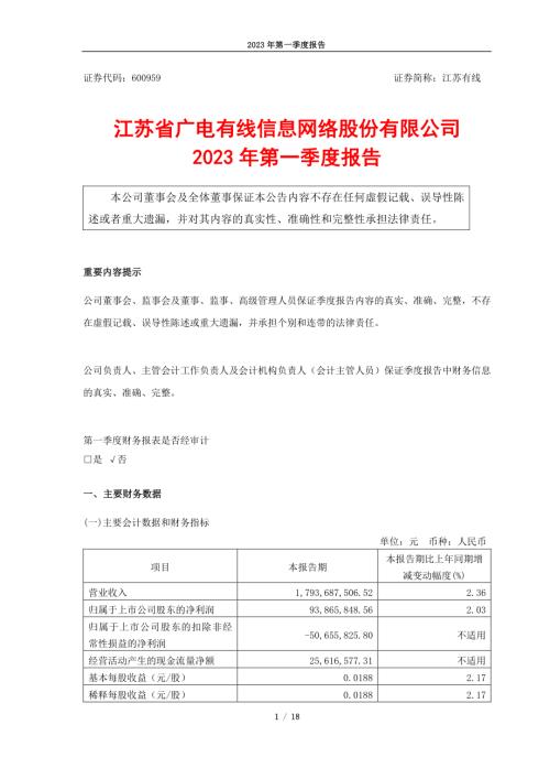 江苏有线：江苏有线2023年第一季度报告.PDF