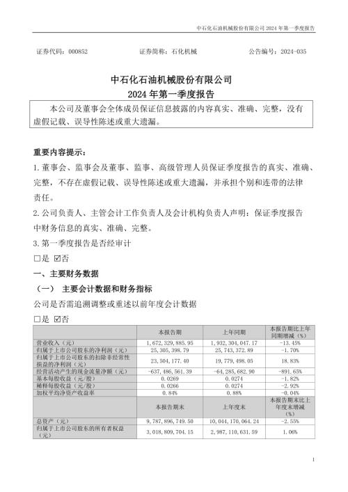 石化机械：2024年一季度报告.PDF