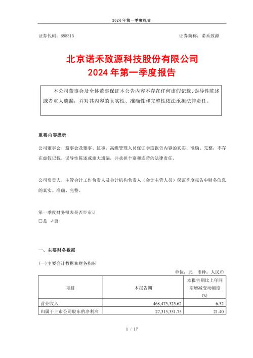 诺禾致源：北京诺禾致源科技股份有限公司2024年第一季度报告.PDF