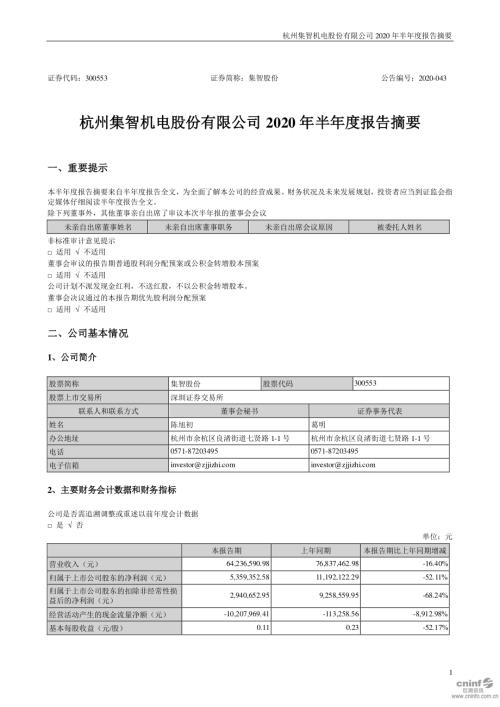 集智股份：2020年半年度报告摘要.PDF
