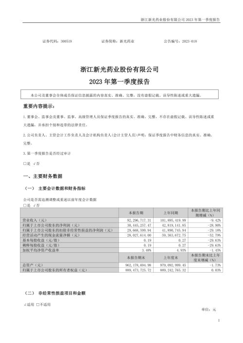 新光药业：2023年一季度报告.PDF
