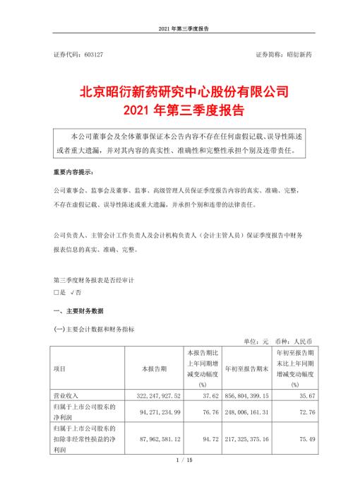 昭衍新药：昭衍新药2021年第三季度报告.PDF