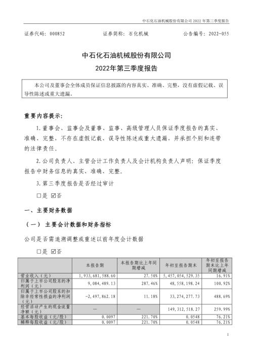 石化机械：2022年三季度报告.PDF