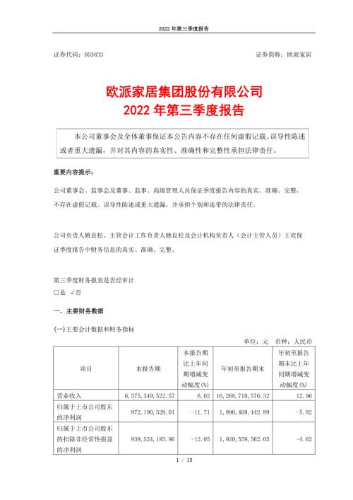 欧派家居：欧派家居2022年第三季度报告（修订版）.PDF