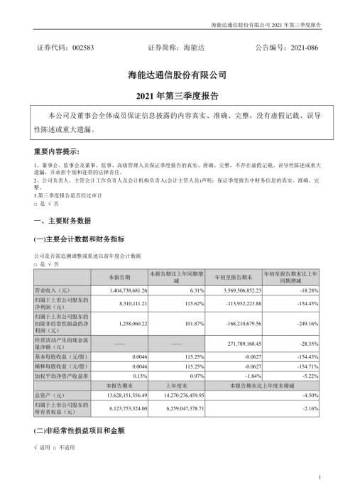 海能达：2021年第三季度报告.PDF