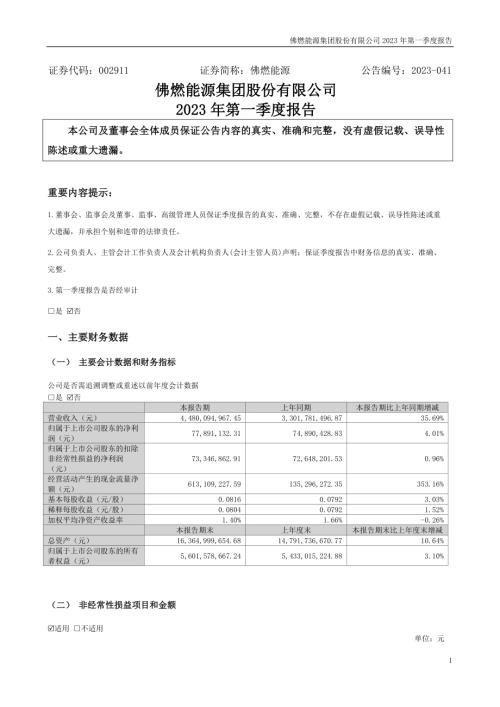 佛燃能源：2023年一季度报告.PDF