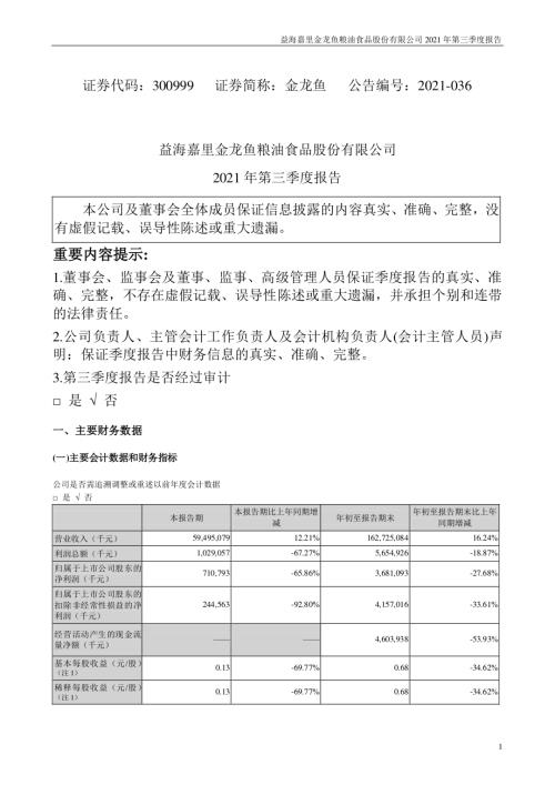 金龙鱼：2021年第三季度报告.PDF