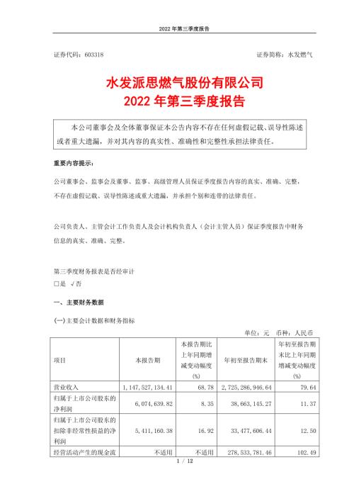 水发燃气：2022年第三季度报告.PDF