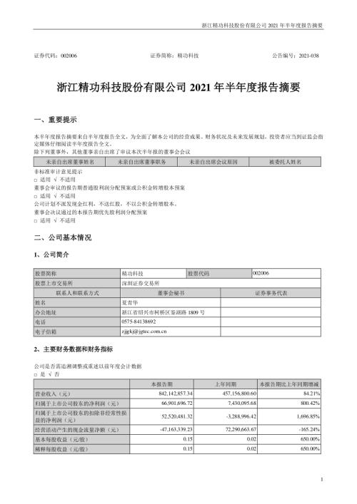 精功科技：2021年半年度报告摘要.PDF