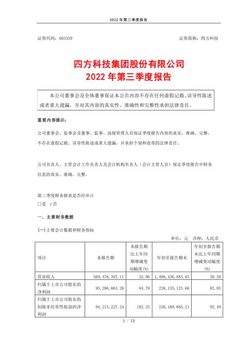 四方科技：四方科技集团股份有限公司2022年第三季度报告.PDF