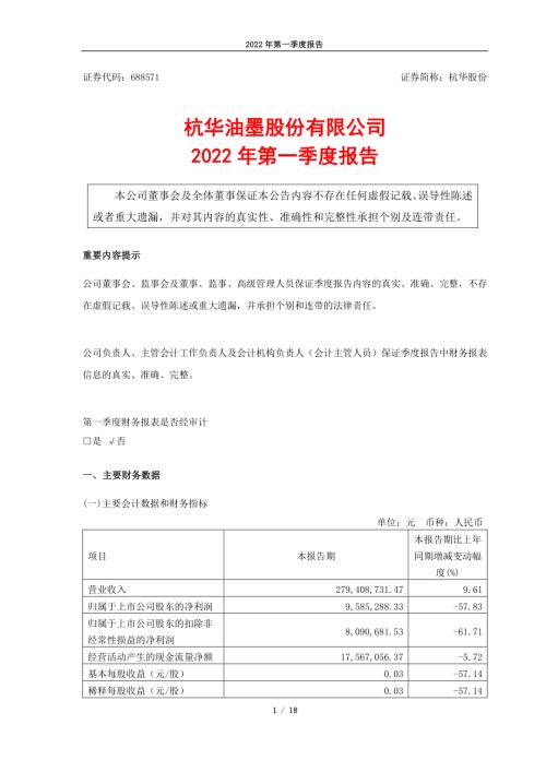 杭华股份：杭华油墨股份有限公司2022年第一季度报告.PDF