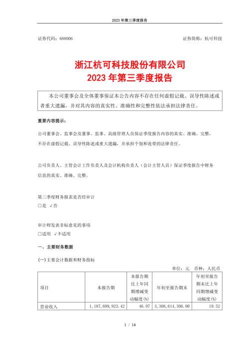 杭可科技：浙江杭可科技股份有限公司2023年第三季度报告.PDF