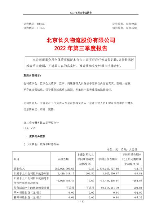 长久物流：长久物流：2022年第三季度报告.PDF