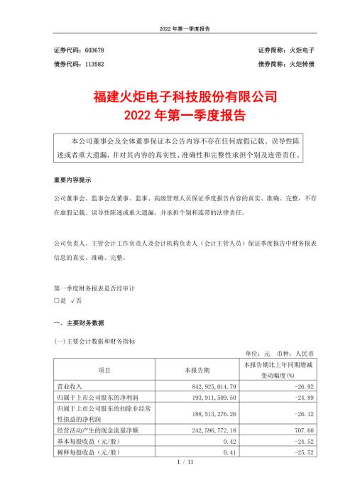 火炬电子：火炬电子2022年第一季度报告.PDF