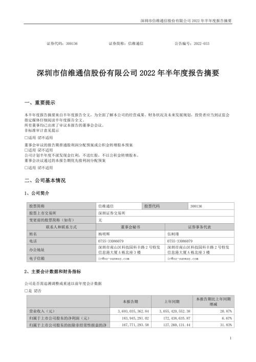 信维通信：2022年半年度报告摘要.PDF