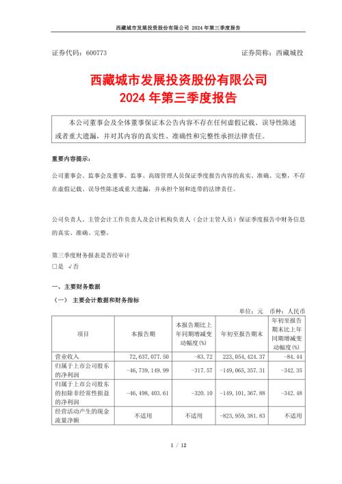 西藏城投：西藏城市发展投资股份有限公司2024年第三季度报告.PDF