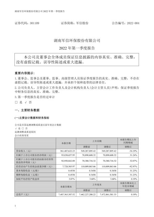 军信股份：2022年一季度报告.PDF