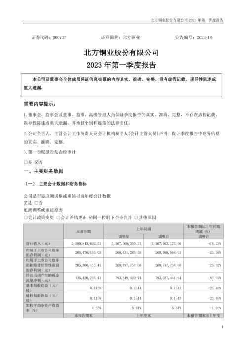 北方铜业：2023年一季度报告.PDF