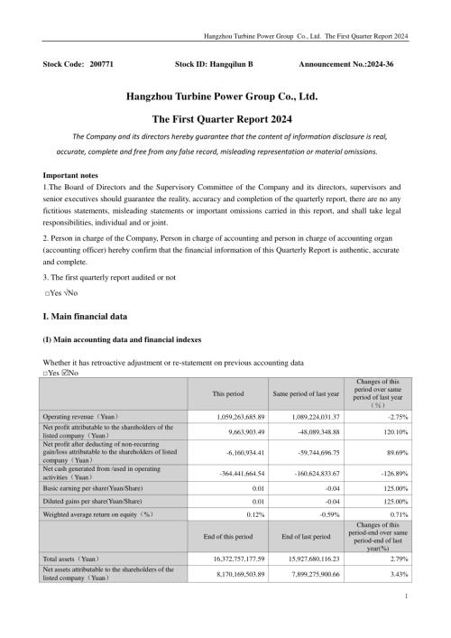 杭汽轮Ｂ：2024年第一季度报告(英文）.PDF