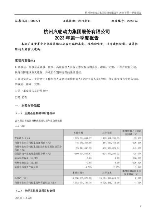 杭汽轮Ｂ：2023年一季度报告.PDF