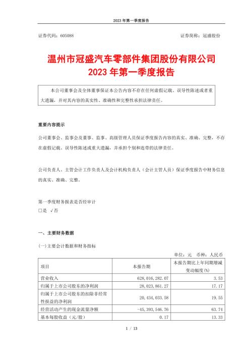 冠盛股份：2023年第一季度报告.PDF