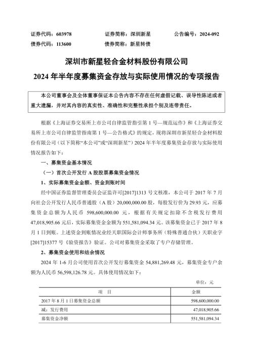 深圳新星：2024年半年度募集资金存放与实际使用情况的专项报告.pdf