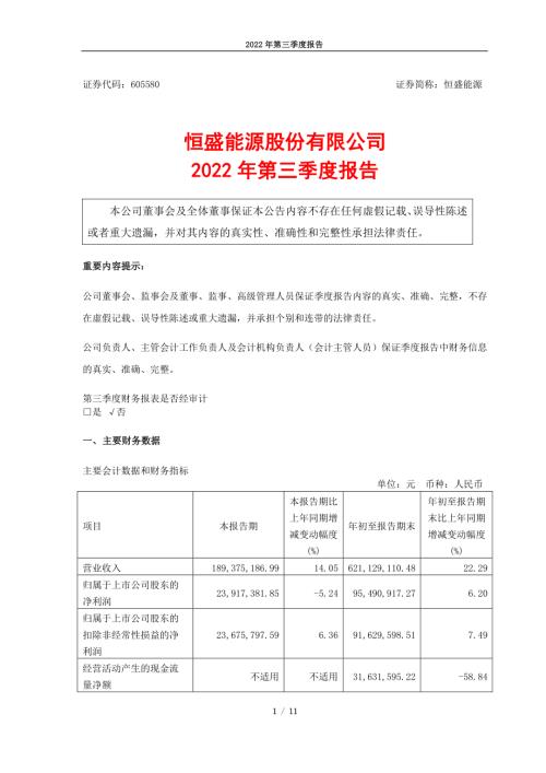恒盛能源：恒盛能源股份有限公司2022年第三季度报告.PDF