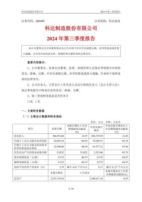 科达制造：科达制造股份有限公司2024年第三季度报告.pdf