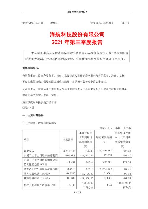 海航科技：海航科技股份有限公司2021年第三季度报告.PDF