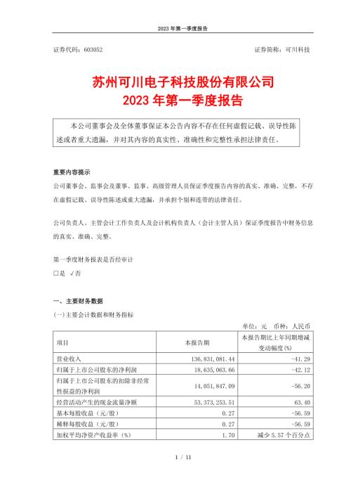 可川科技：2023年第一季度报告.PDF