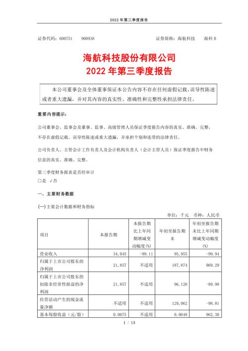 海航科技：海航科技股份有限公司2022年第三季度报告.PDF