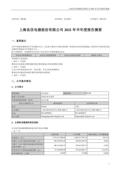 良信股份：2021年半年度报告摘要.PDF