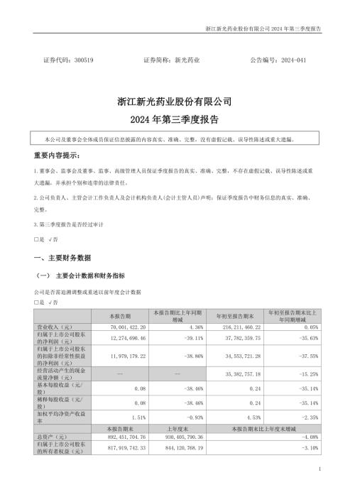 新光药业：2024年三季度报告.PDF