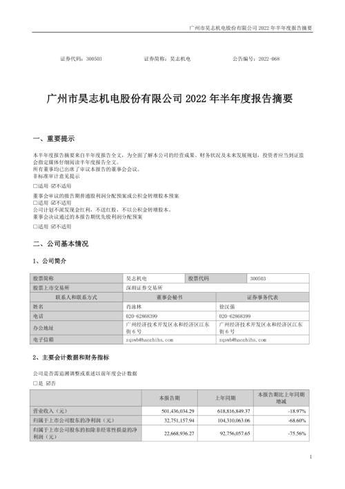 昊志机电：2022年半年度报告摘要（更新后）.PDF
