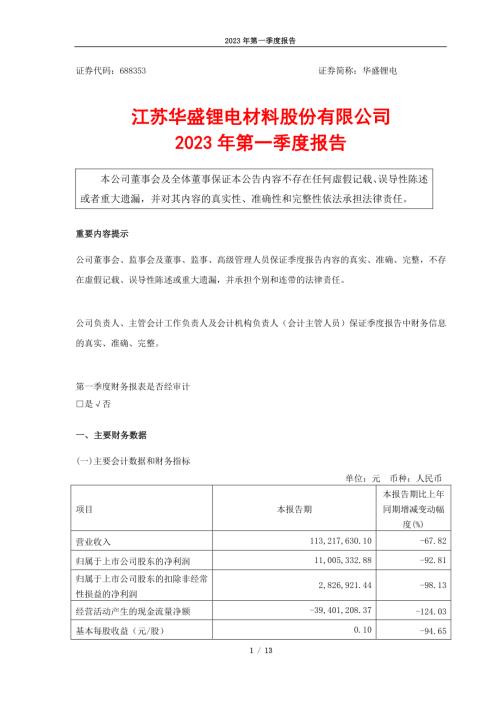 华盛锂电：江苏华盛锂电材料股份有限公司2023年第一季度报告.PDF