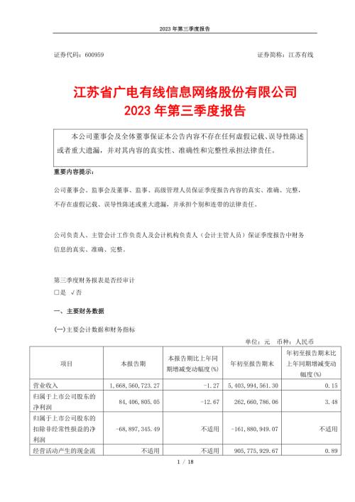 江苏有线：江苏有线2023年第三季度报告.PDF
