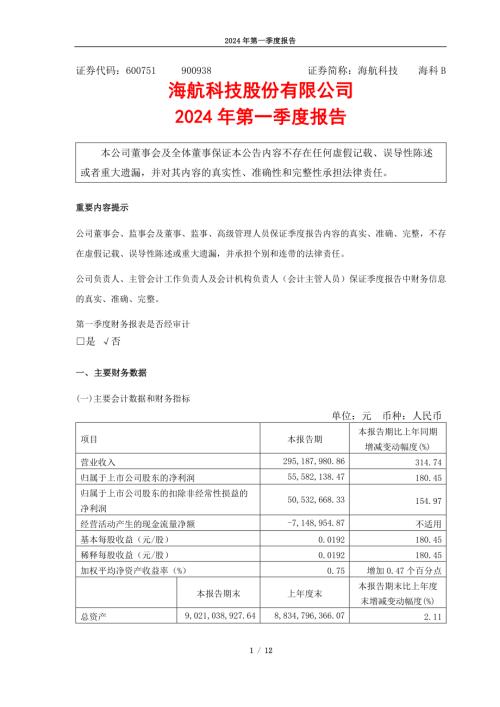 海航科技：海航科技股份有限公司2024年第一季度报告.PDF