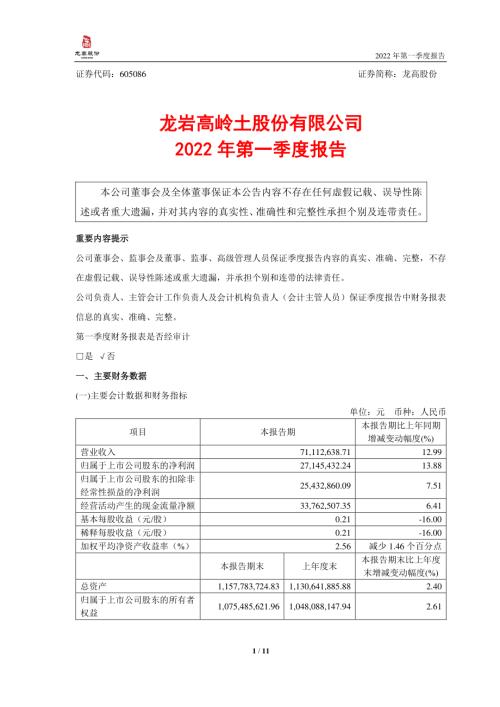 龙高股份：龙岩高岭土股份有限公司2022年第一季度报告.PDF