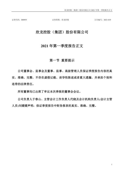 欣龙控股：2021年第一季度报告正文.PDF