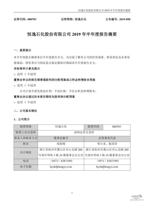 恒逸石化：2019年半年度报告摘要.PDF