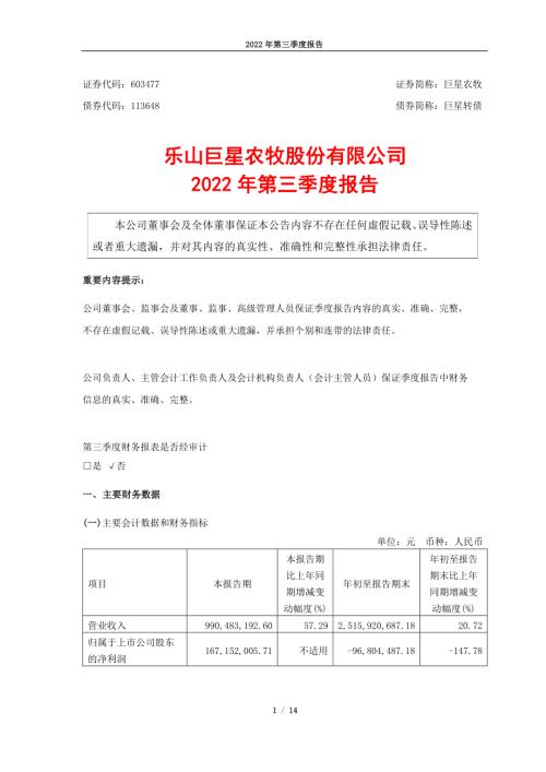 巨星农牧：巨星农牧2022年第三季度报告.PDF