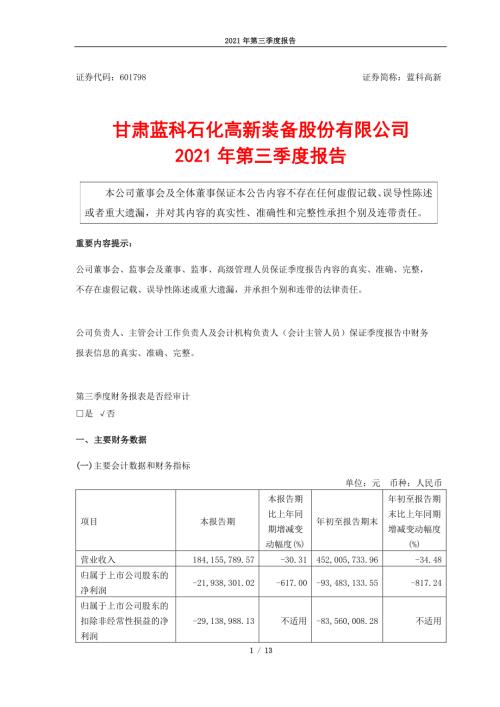 蓝科高新：甘肃蓝科石化高新装备股份有限公司2021年第三季度报告.PDF
