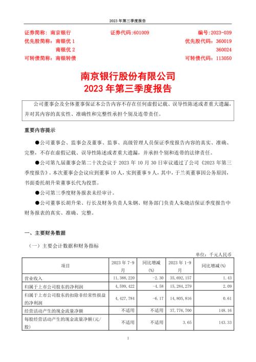 南京银行：南京银行股份有限公司2023年第三季度报告.PDF