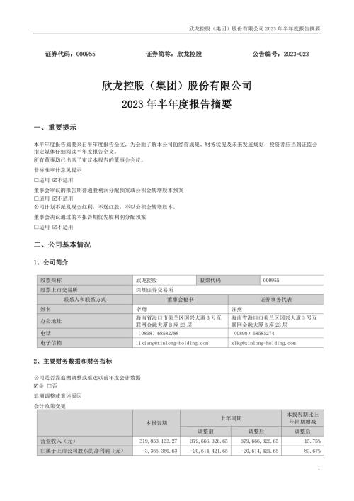 欣龙控股：2023年半年度报告摘要.PDF