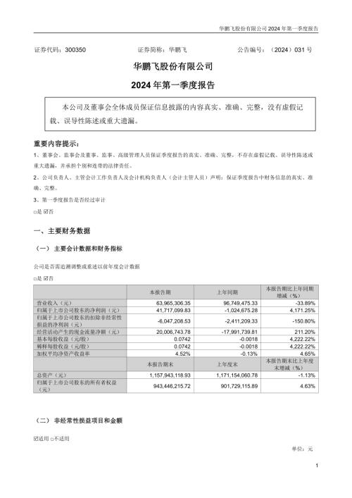 华鹏飞：2024年一季度报告.PDF