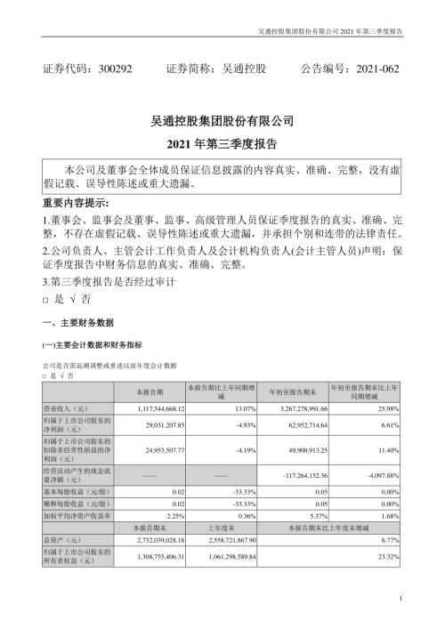吴通控股：2021年第三季度报告.PDF